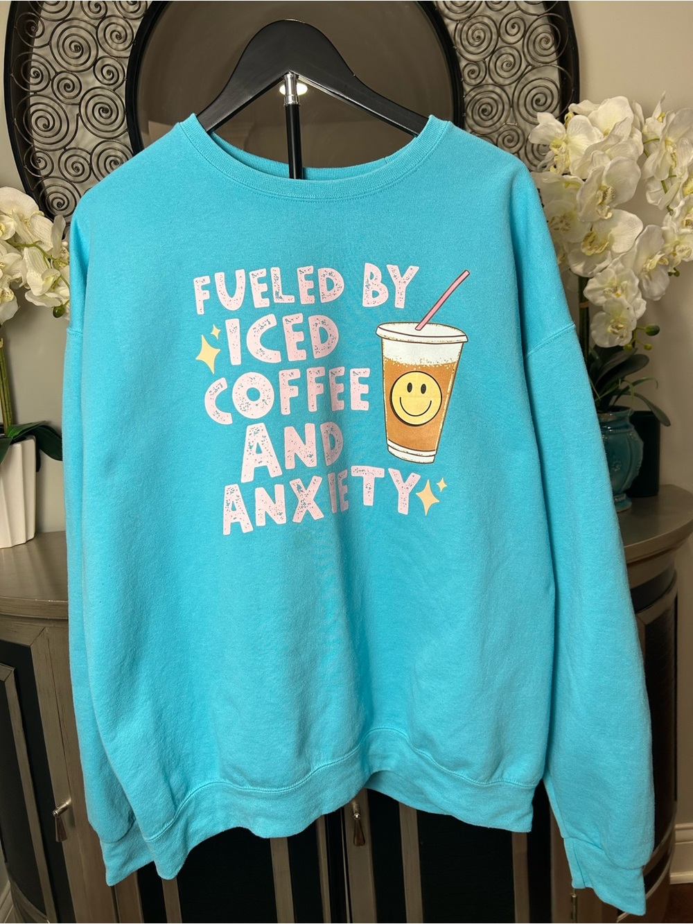 Bright Blue Graphic Crewneck Sweatshirt - Fueled by Iced Coffee and Anxiety